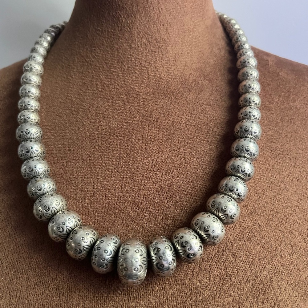 Coldwater Creek Silver Etched Bead Statement Necklace 20-22 Inch Southwestern